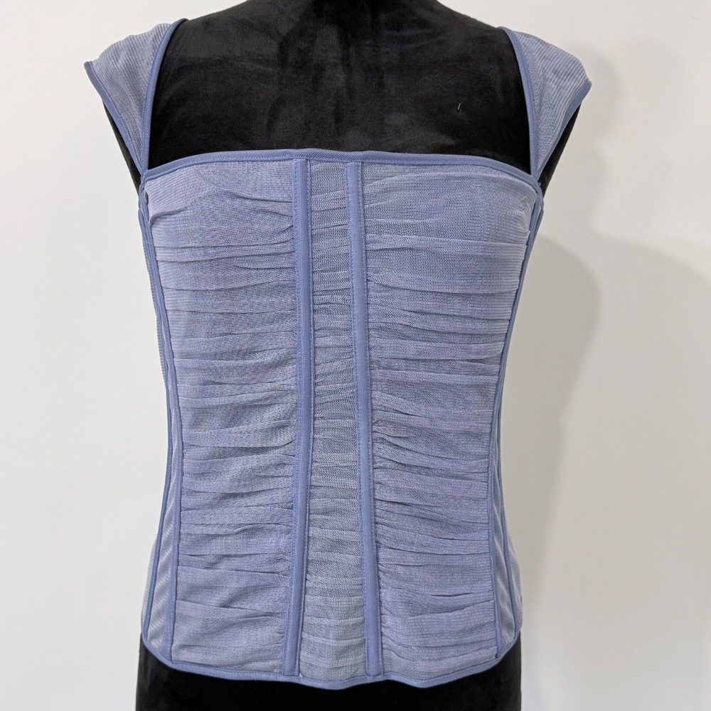 Y2K Heart Moon Star Corset Top Medium Blue Silk Mesh Ruched Slight Crop Coquette